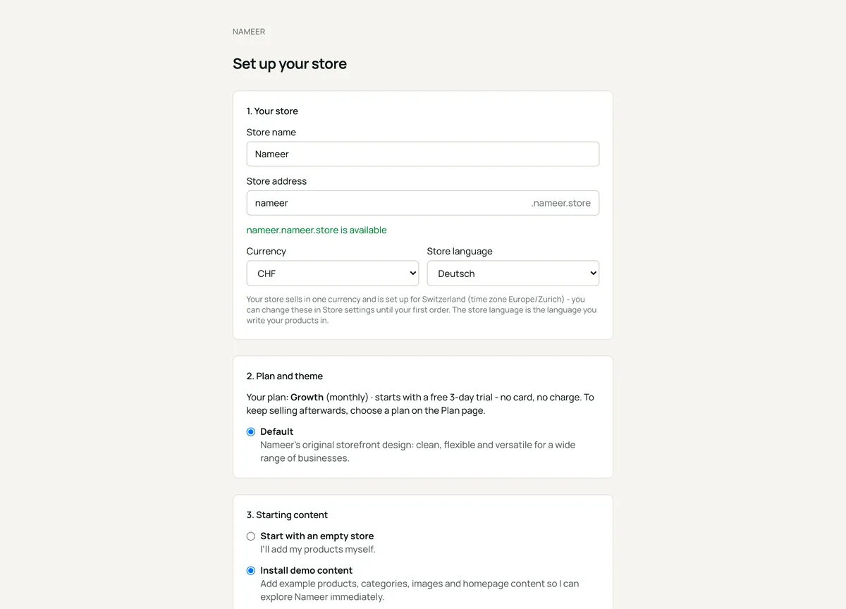 Das Nameer-Einrichtungsformular: Shopname und Adresse, Theme und Startinhalte
